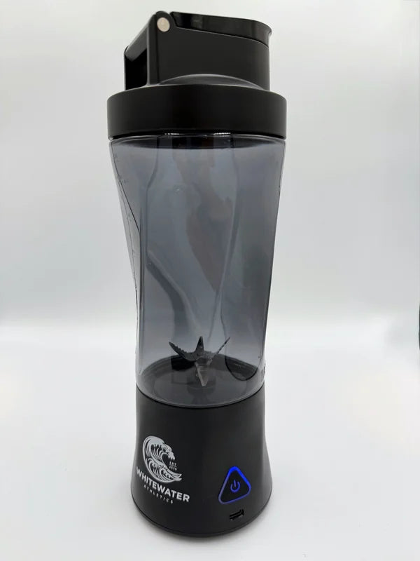 The Rapid electric blender bottle with its blue-lit power button